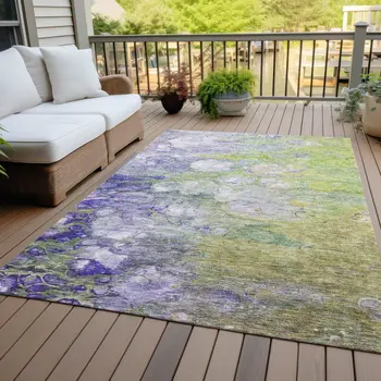 8' X 10' Artichoke Green Purple And Lilac Abstract Washable Indoor Outdoor Area Rug