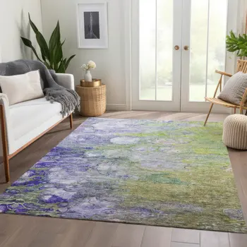 8' X 10' Artichoke Green Purple And Lilac Abstract Washable Indoor Outdoor Area Rug
