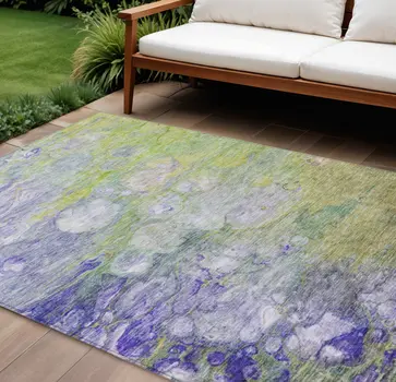 10' X 14' Artichoke Green Purple And Lilac Abstract Washable Indoor Outdoor Area Rug