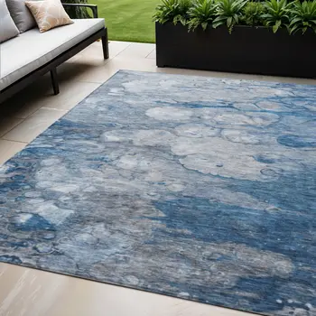 5' X 8' Denim Blue And Sky Blue Abstract Washable Indoor Outdoor Area Rug
