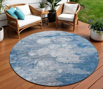 8' Denim Blue And Sky Blue Round Abstract Washable Indoor Outdoor Area Rug