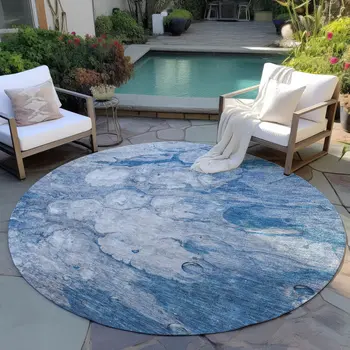 8' Denim Blue And Sky Blue Round Abstract Washable Indoor Outdoor Area Rug