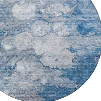 8' Denim Blue And Sky Blue Round Abstract Washable Indoor Outdoor Area Rug