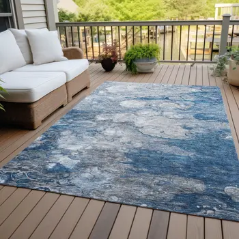 8' X 10' Denim Blue And Sky Blue Abstract Washable Indoor Outdoor Area Rug