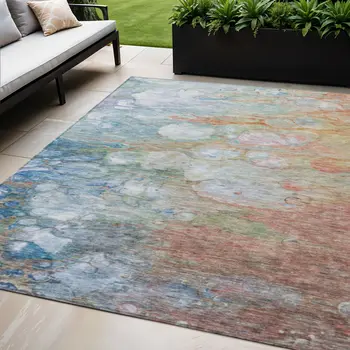 5' X 8' Copper Blue And Artichoke Green Abstract Washable Indoor Outdoor Area Rug
