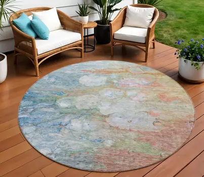 8' Copper Blue And Artichoke Green Round Abstract Washable Indoor Outdoor Area Rug