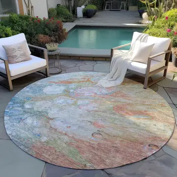 8' Copper Blue And Artichoke Green Round Abstract Washable Indoor Outdoor Area Rug