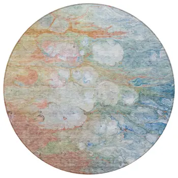 8' Copper Blue And Artichoke Green Round Abstract Washable Indoor Outdoor Area Rug