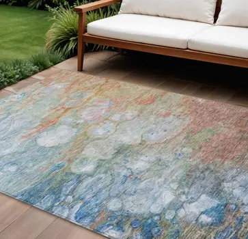 8' X 10' Copper Blue And Artichoke Green Abstract Washable Indoor Outdoor Area Rug