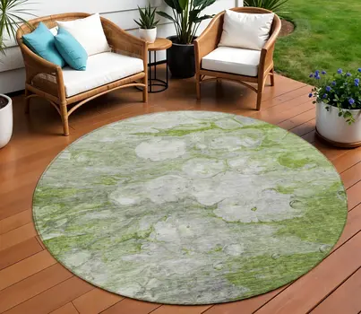 8' Olive Green And Gray Round Abstract Washable Indoor Outdoor Area Rug