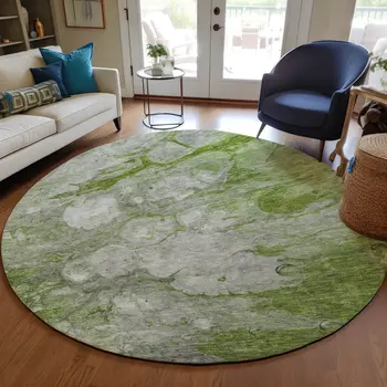 8' Olive Green And Gray Round Abstract Washable Indoor Outdoor Area Rug