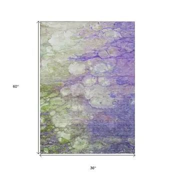 3' X 5' Purple Lilac And Artichoke Green Abstract Washable Indoor Outdoor Area Rug