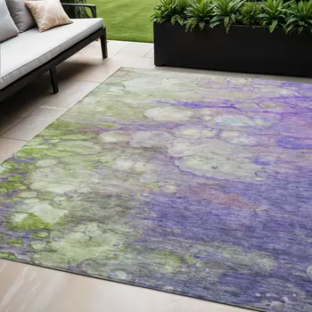 5' X 8' Purple Lilac And Artichoke Green Abstract Washable Indoor Outdoor Area Rug