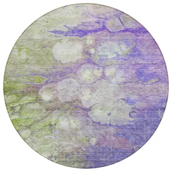 8' Purple Lilac And Artichoke Green Round Abstract Washable Indoor Outdoor Area Rug
