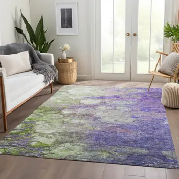 10' X 14' Purple Lilac And Artichoke Green Abstract Washable Indoor Outdoor Area Rug