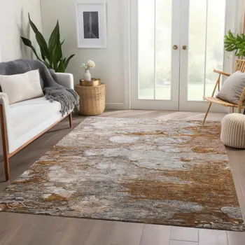 3' X 5' Terra Cotta Gray And Silver Abstract Washable Indoor Outdoor Area Rug