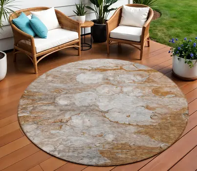 8' Terra Cotta Gray And Silver Round Abstract Washable Indoor Outdoor Area Rug