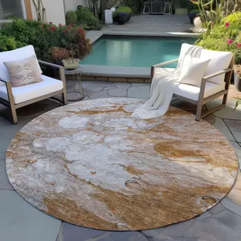 8' Terra Cotta Gray And Silver Round Abstract Washable Indoor Outdoor Area Rug