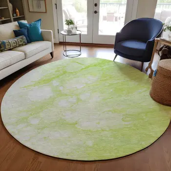 8' Artichoke Green And Ivory Round Abstract Washable Indoor Outdoor Area Rug