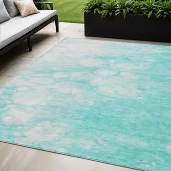 5' X 8' Aqua Ivory And Teal Blue Abstract Washable Indoor Outdoor Area Rug