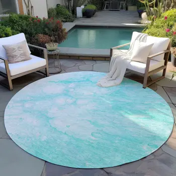 8' Aqua Ivory And Teal Blue Round Abstract Washable Indoor Outdoor Area Rug