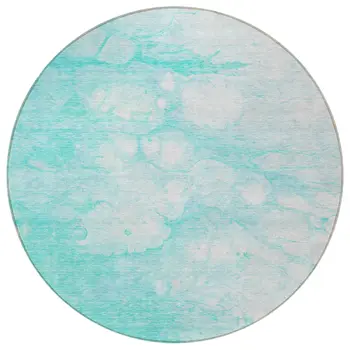 8' Aqua Ivory And Teal Blue Round Abstract Washable Indoor Outdoor Area Rug