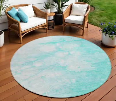 8' Aqua Ivory And Teal Blue Round Abstract Washable Indoor Outdoor Area Rug