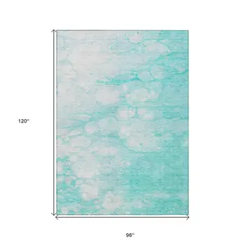 8' X 10' Aqua Ivory And Teal Blue Abstract Washable Indoor Outdoor Area Rug