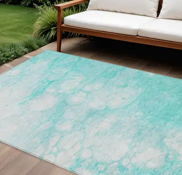 9' X 12' Aqua Ivory And Teal Blue Abstract Washable Indoor Outdoor Area Rug