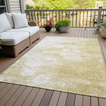 3' X 5' Beige Taupe And Artichoke Green Abstract Washable Indoor Outdoor Area Rug