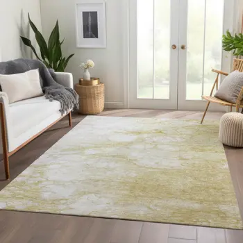 3' X 5' Beige Taupe And Artichoke Green Abstract Washable Indoor Outdoor Area Rug