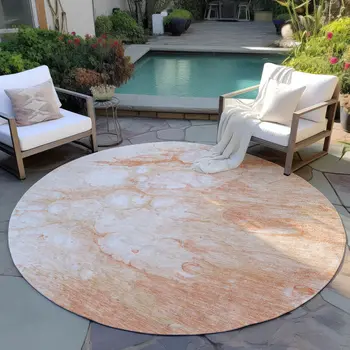 8' Copper Beige And Silver Round Abstract Washable Indoor Outdoor Area Rug