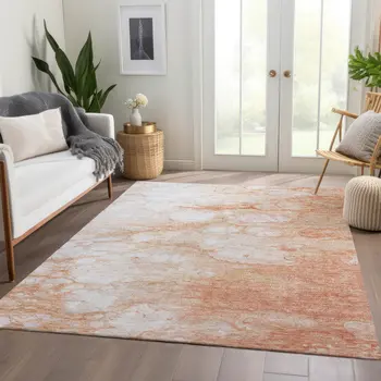 9' X 12' Copper Beige And Silver Abstract Washable Indoor Outdoor Area Rug