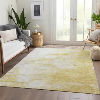 3' X 5' Gold Beige And Ivory Abstract Washable Indoor Outdoor Area Rug