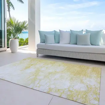 5' X 8' Gold Beige And Ivory Abstract Washable Indoor Outdoor Area Rug