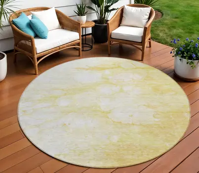 8' Gold Beige And Ivory Round Abstract Washable Indoor Outdoor Area Rug