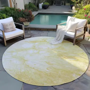 8' Gold Beige And Ivory Round Abstract Washable Indoor Outdoor Area Rug