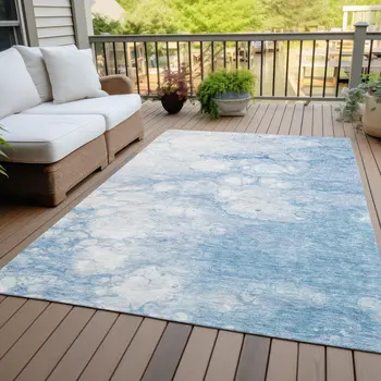 3' X 5' Sky Blue Denim Blue And Silver Abstract Washable Indoor Outdoor Area Rug