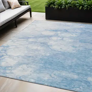 5' X 8' Sky Blue Denim Blue And Silver Abstract Washable Indoor Outdoor Area Rug