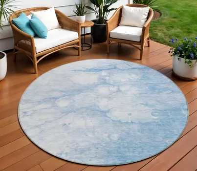 8' Sky Blue Denim Blue And Silver Round Abstract Washable Indoor Outdoor Area Rug