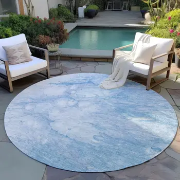 8' Sky Blue Denim Blue And Silver Round Abstract Washable Indoor Outdoor Area Rug