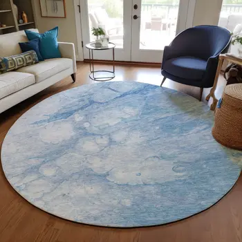 8' Sky Blue Denim Blue And Silver Round Abstract Washable Indoor Outdoor Area Rug