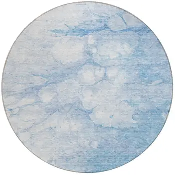 8' Sky Blue Denim Blue And Silver Round Abstract Washable Indoor Outdoor Area Rug