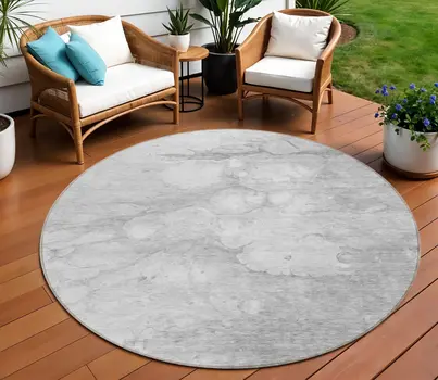8' Silver Gray And Ivory Round Abstract Washable Indoor Outdoor Area Rug