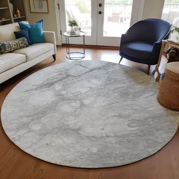 8' Silver Gray And Ivory Round Abstract Washable Indoor Outdoor Area Rug