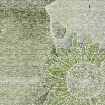 5' X 8' Artichoke Green And Gray Floral Washable Indoor Outdoor Area Rug