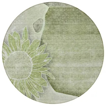 8' Artichoke Green And Gray Round Floral Washable Indoor Outdoor Area Rug