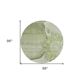 8' Artichoke Green And Gray Round Floral Washable Indoor Outdoor Area Rug