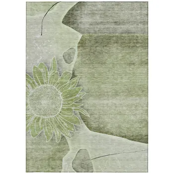 8' X 10' Artichoke Green And Gray Floral Washable Indoor Outdoor Area Rug