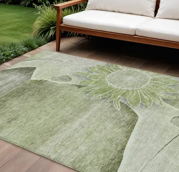 8' X 10' Artichoke Green And Gray Floral Washable Indoor Outdoor Area Rug